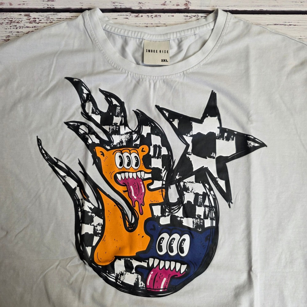 Smoke Rise Mens 2XL Graphic T-Shirt Gray Monster‎ Flame Star Streetwear Tee